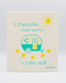 Camper "s'Owoschn kann wartn - s'Lebn ned!" petrol/gelb - hiushaltsreinigung.com